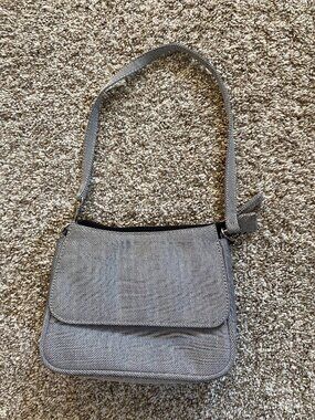 Festival Gray Herringbone Canvas Shoulder Bag Curved Purse Mini flap 8x6x2.5 in